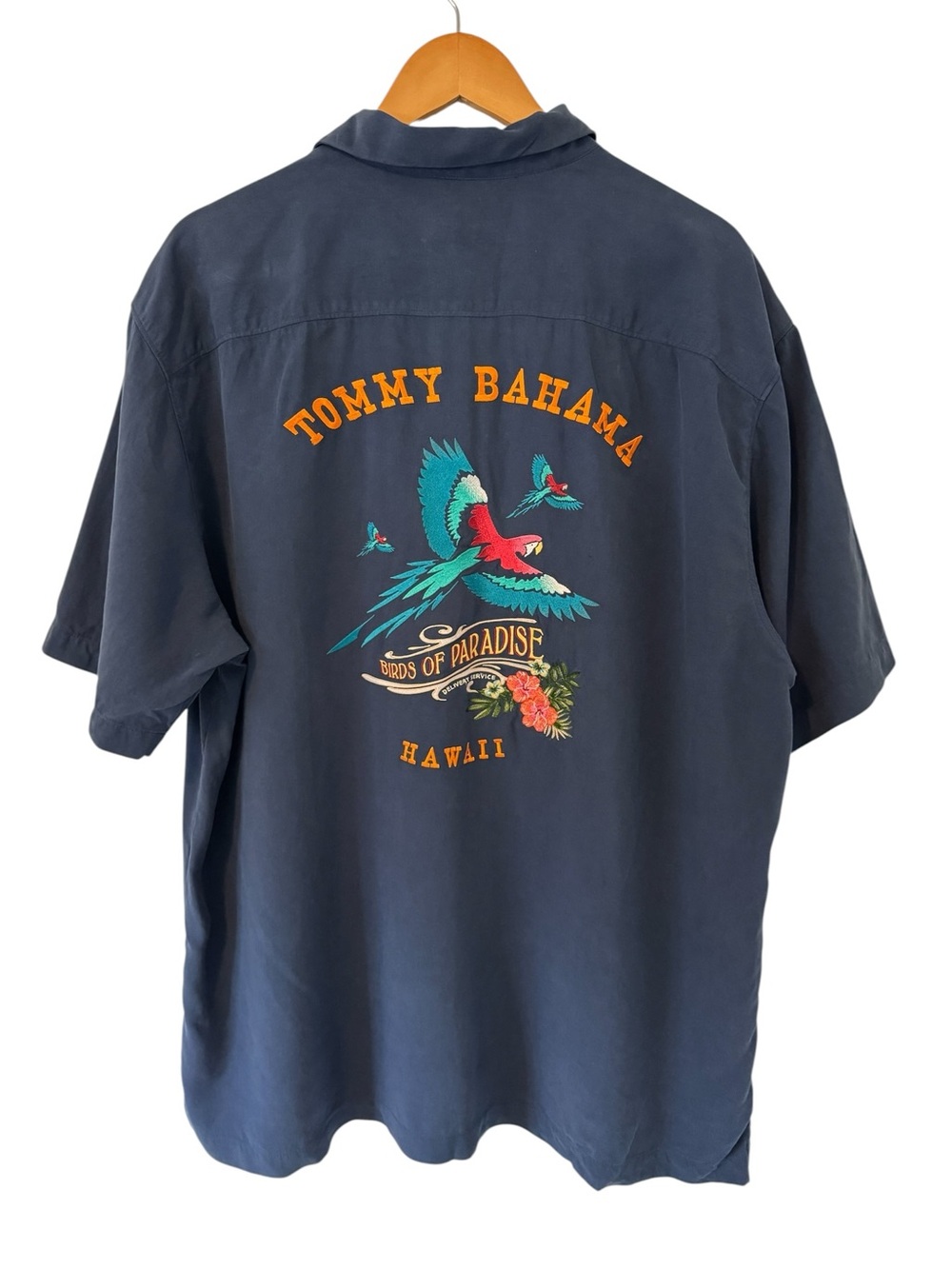 Tommy Bahama Hawaii Birds of Paradise Mens XL Navy Blue 100% Silk Short Sleeve